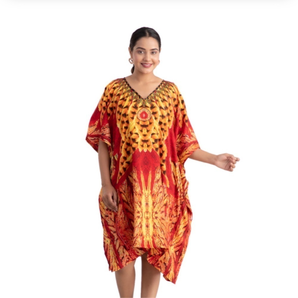 Red & Yellow Feather Screen Printed Short Kaftan with Pocket One Size Fits Most